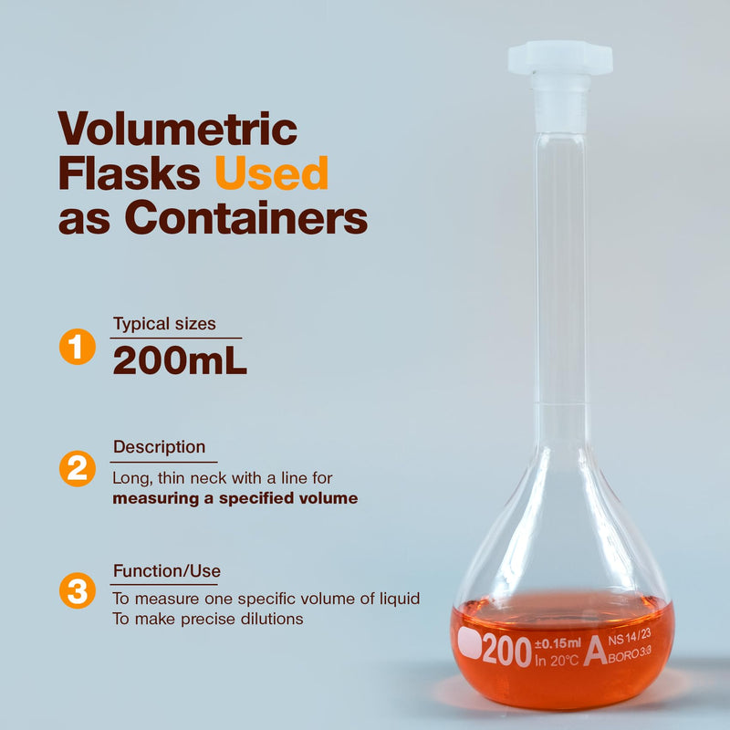 PEKYBIO 200ML Volumetric Flask Set|ASTM Class A 3.3 Borosilicate Glass|Polypropylene Stopper|White Graduation|for Analytical Chemistry Work|2PCS