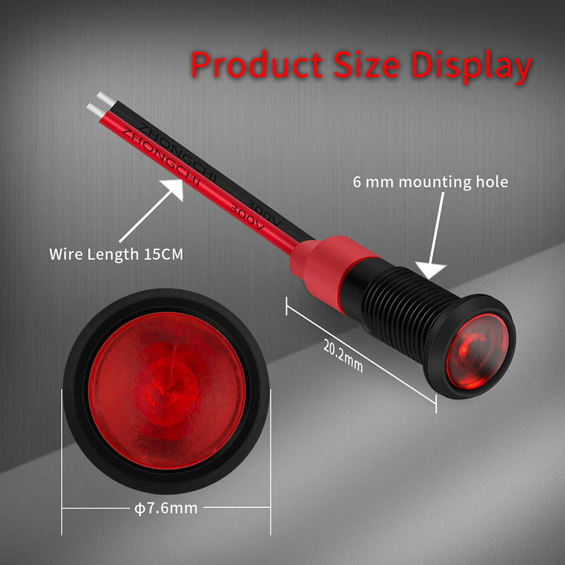 DaierTek 1/4" 12 Volt LED Indicator Light 6mm 12V Red Pilot Lamp IP67 Waterproof Aluminum Metal Material Marine Black Bezel with Wire Leads-10pcs