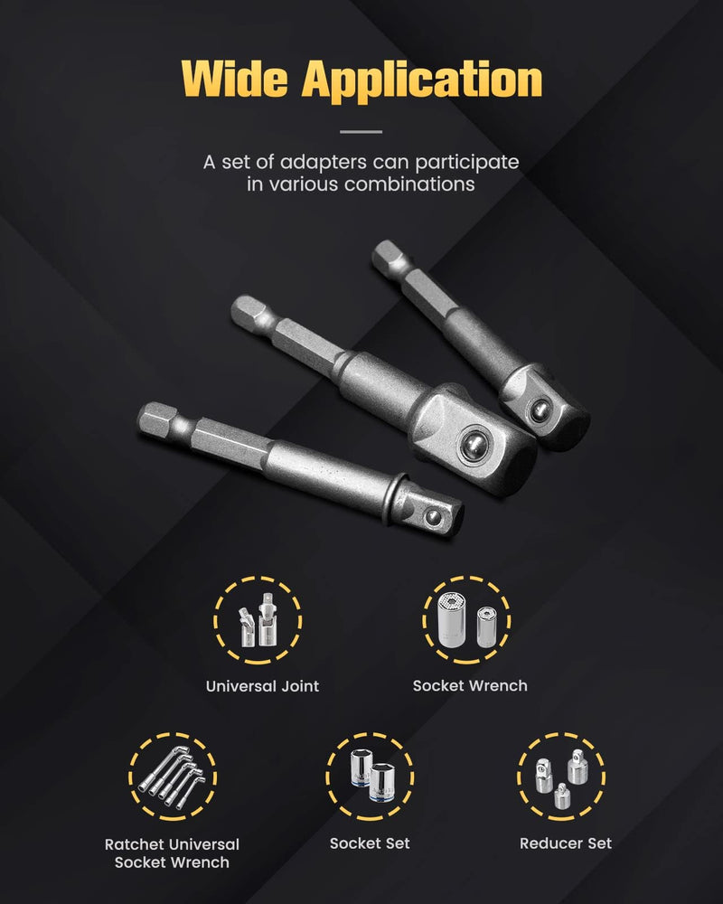 BOEN Impact Grade Socket Adapter Set, 3-PCS Drill Bit Adapter with Bit Holder, Sizes 1/4", 3/8", 1/2", 1/4-Inch SAE Hex Shank, Cr-V, for Cordless Drill & Screwdriver, Power Drill & Driver 3PCS SAE