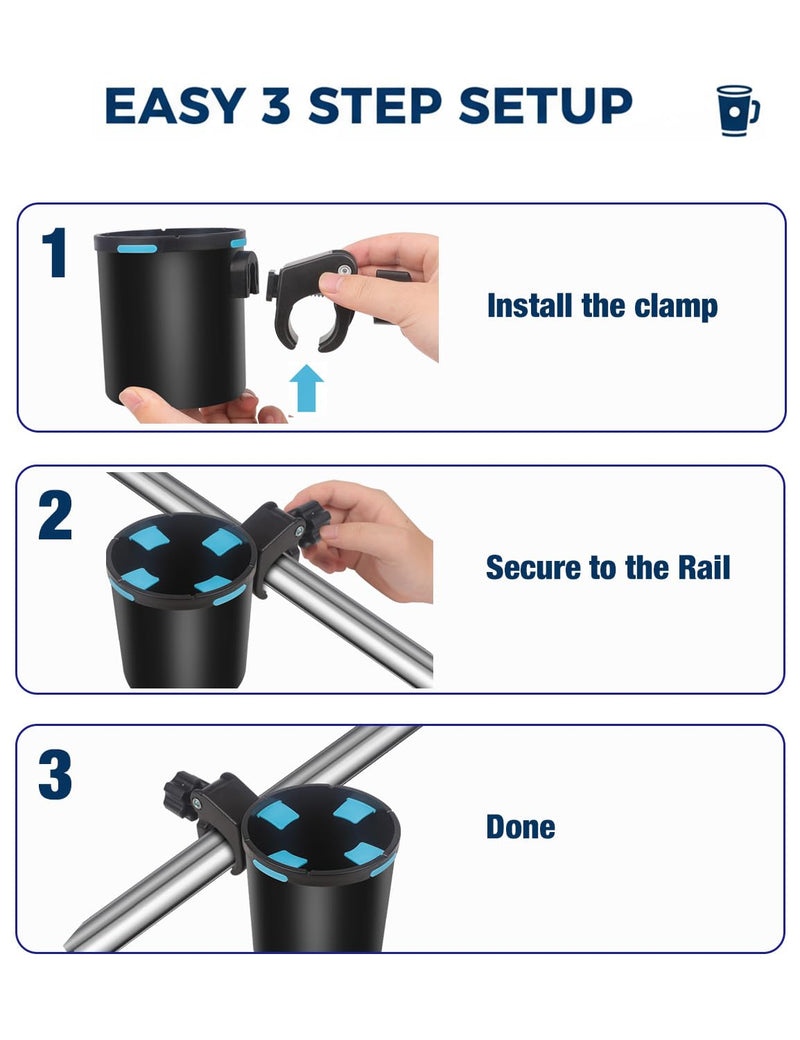 Marine Boat Rail Cup Holder,No-Drill Tool-Free Install,Holds 30-40oz Tumblers,Install On Bimini Top Conver Rail Or Pole, Gift for Pontoon, PWC, Jet Ski Pack of 2