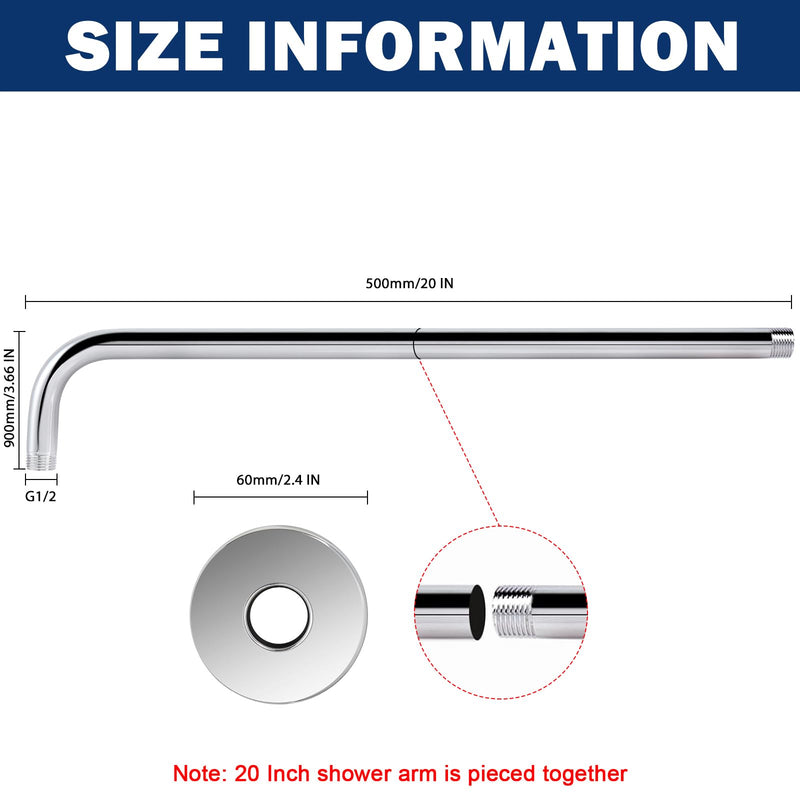 NearMoon Shower Arm, Extra Fixed Arm with Flange, Stainless Steel Wall-Mounted ShowerHead Arm (20 Inch, Chrome Finish) 20 Inch