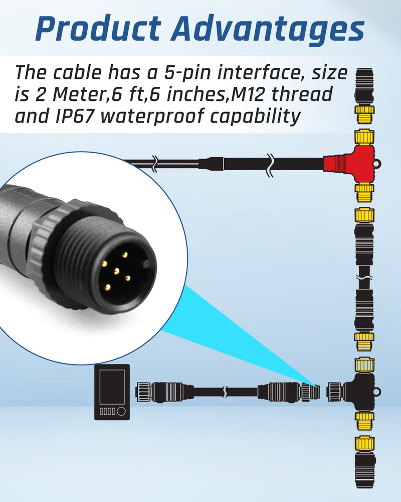 NMEA 2000 2 Meter(6.6') Backbone Cables Drop Cables Extension Cable Fit for NMEA 2000 Network Fit for Garmin Lowrance Simrad B&G Navico Network 5 Pin M12 Thread IP67 Waterproof Marine Grade Cable