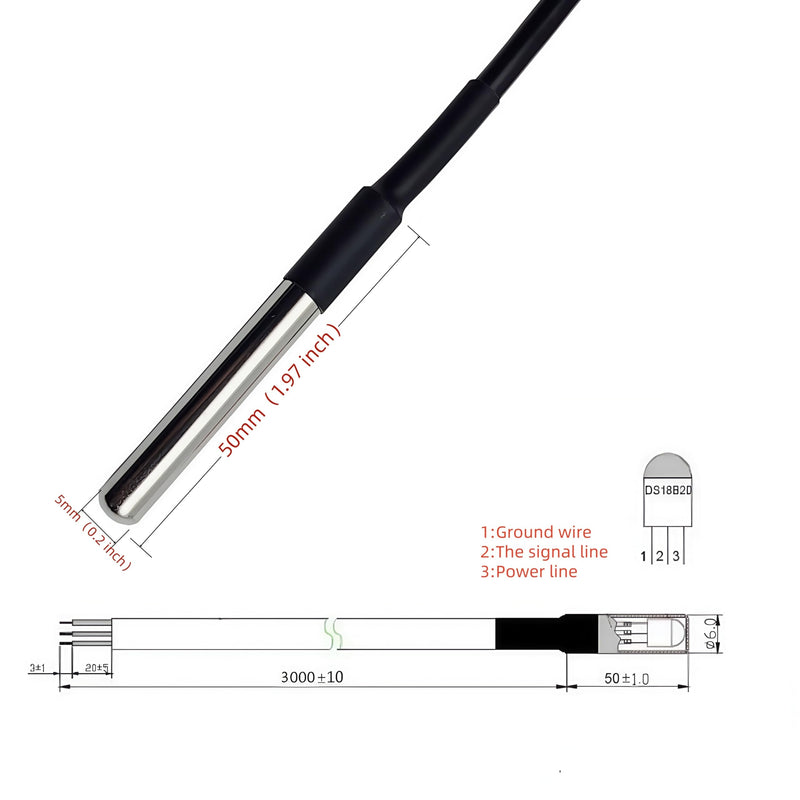 5pcs DS18B20 Temperature Sensor Waterproof Digital Stainless Steel Tube Temp Probe 3 Meter 118.1" Compatible with Arduino Raspberry pi