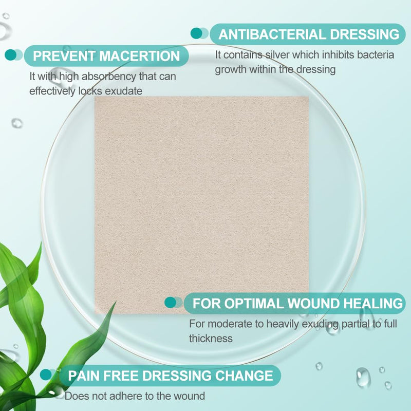 Dimora Upgrade Silver Calcium Alginate Wound Dressing -Antibacterial Non Stick Gauze, Highly Absorbent Sterile Bandage Pads,4'' x 4'' Patches 5 Packs Upgrade Ag alginate 5pack