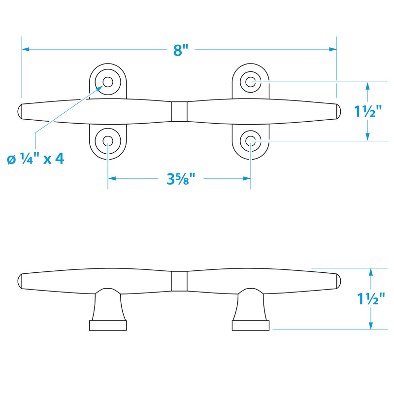 Seachoice Hollow Base Yacht Cleat, Chrome-Plated Cast Brass, Various Lengths 8 In. Long