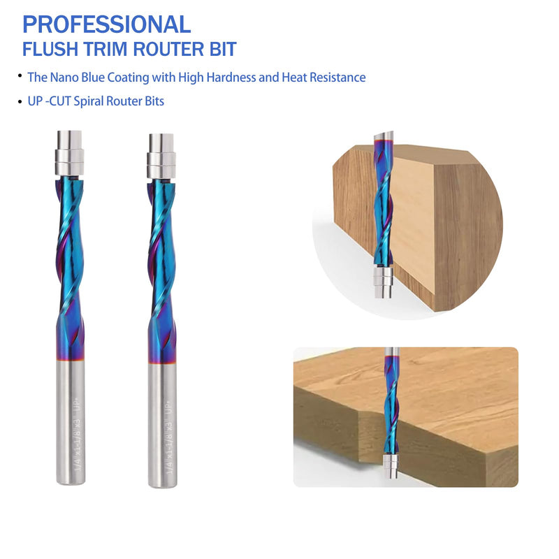 Spiral Flush Trim Router Bit, 1/4 Inch Shank Up Cut Spiral Router Bits , 1-1/8 Inch Cutting Length Solid Carbide CNC Trim Bits with Nano Coating for Woodwork Trimming (2PCS) 2 UpCut