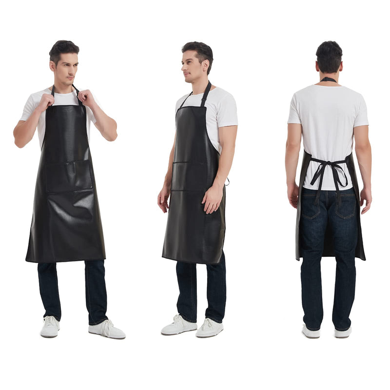 Waterproof Apron, Heavy Duty Work Apron, Artificial Leather Apron Ideal for Chef,Butcher,Barber,Cleaning Black