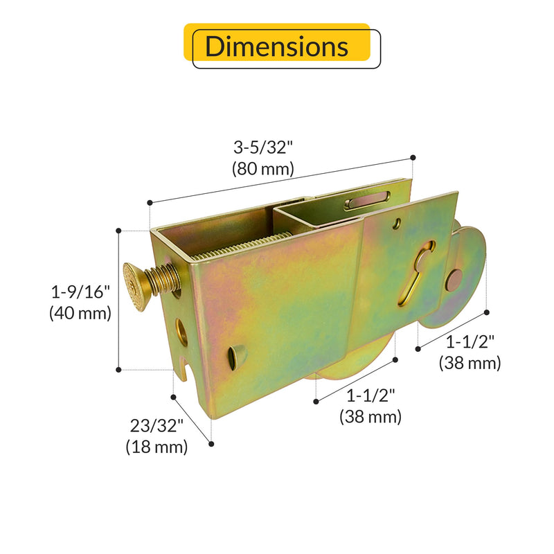 Brixwell Tandem Patio Door Roller Assembly, Steel Housing and Dichromate Wheel Finish, Dual 1-1/2" Steel Wheels, 3-5/32" Length, 23/32" Width, 1-9/16" Height, Sliding Door Hardware