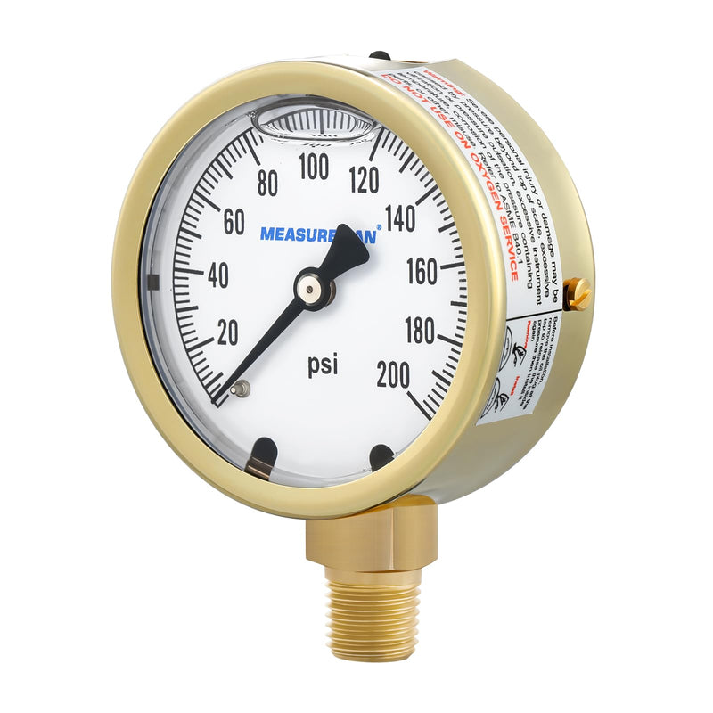MEASUREMAN Fully Brass Hydraulic Glycerin-Filled Pressure Gauge, 2-1/2” Dial, 1/4” NPT Lower Mount, 0-200 PSI/KPA, for Measuring Non-Corrosive Gas and Liquid Pressure
