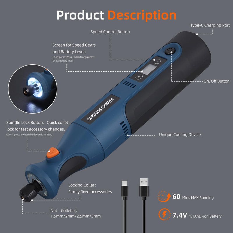 Cordless Rotary Tool Kit: 12-Speed 25000RPM Mini Rotary Tool with 179 Accessories, 7.4V Rechargeable Engraving Tool for 3D Printed Finishing, Sanding, Cutting, Drilling, Polishing, DIY Crafts