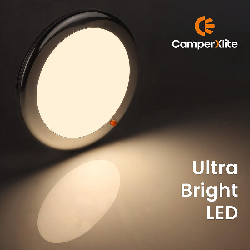 7" LED Marine Boat Ceiling Dome Light 3CCT RV Lights Interior Stainless Surface Mount Cabin Lights with Push Button 12V Light Fixture for Truck Camper Trailers Yacht Silver