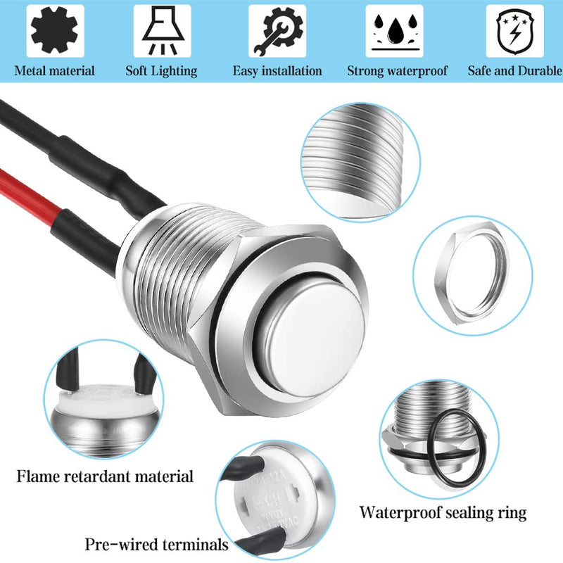 5pcs 12mm 2A 12V/24V/125V/250V AC Prewired Waterproof Push Button Momentary Stainless Steel Push Button On Off (High Head) SS-Momentary(High head)