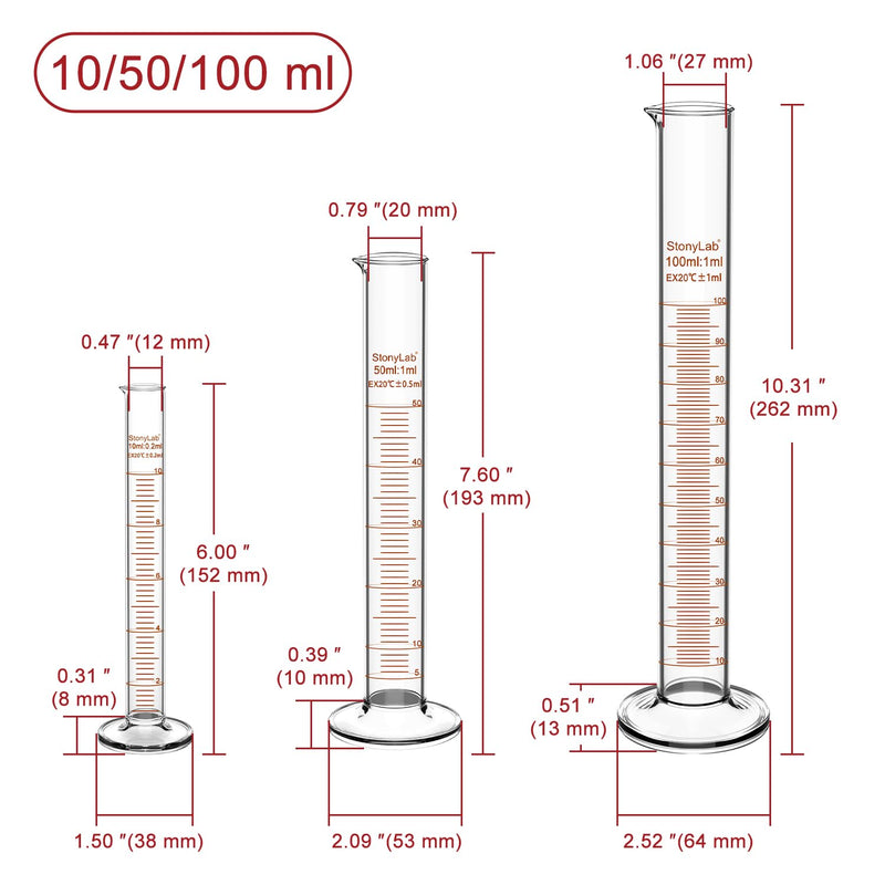 stonylab Graduated Measuring Cylinder, 10 ml / 50 ml / 100 ml Thick-Walled Borosilicate Glass Graduated Cylinder Set Laboratory Glassware 10 ml/50 ml/100 ml