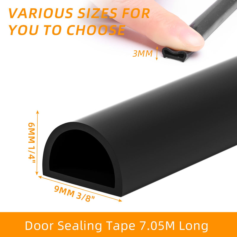 23FT Weather Stripping Door Seal, Self Adhesive Door Weather Stripping, Silicone Door Seal Strip for Door Frame, D-Shaped Door Insulation Strip, for Door & Window (Black, 3/8"(W)×1/4"（T) ×23ft(L) Black 3/8"(W)×1/4"（T) ×23ft(L)