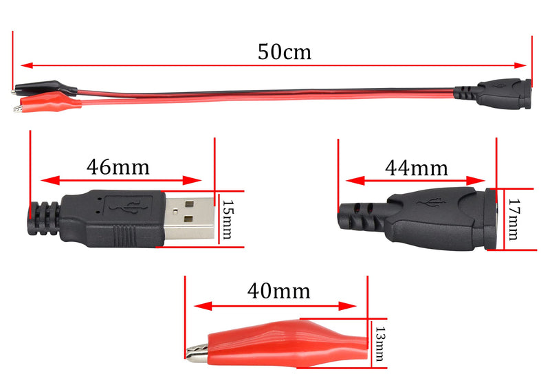 USB to Alligator Clip Adapter Cable Alligator Clip Jumper Probe to USB Male and Female Test Wre 24AWG Adapter Red and Black Wire Alligator Clip Cable for Testing The Circuit [4pack /50cm]