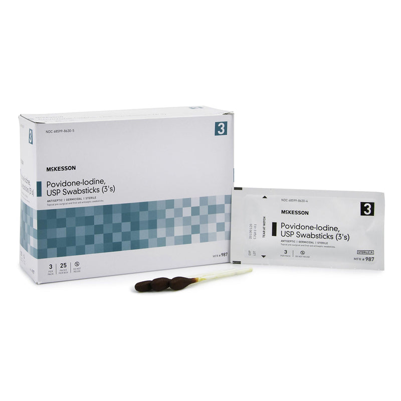 McKesson Povidone Iodine 10% Swabs Stick [75 Sticks], Sterile Swabsticks, Topical Pre-Surgical and First Aid, 3 Per Pack, 25 Packs (75 ct)