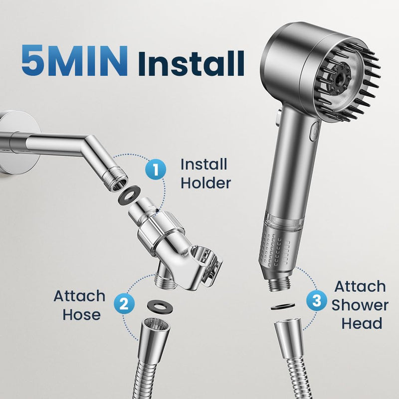 Filtered Shower Head with Handheld,High Pressure Shower Head 4 Spray Modes,Shower Head with ON/OFF Switch for Pets,Built-in Power Wash to Clean Tub,Shower Heads Combo with Stainless Steel Hose Gray