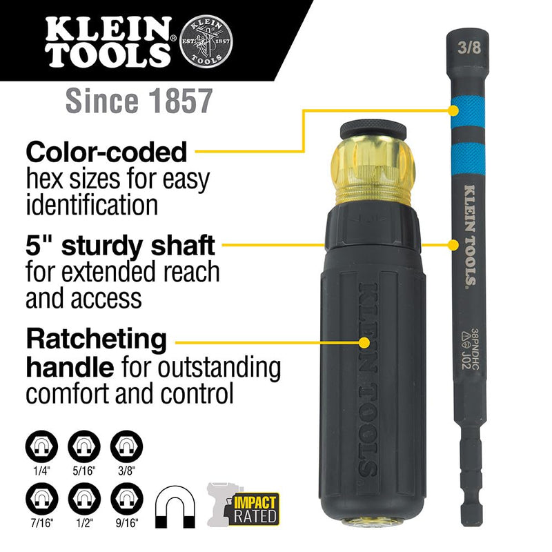 Klein Tools 32950 Ratcheting Impact Rated Hollow Power Nut Driver Set with Handle, Magnetic, Color Coded, 6 SAE Hex Sizes
