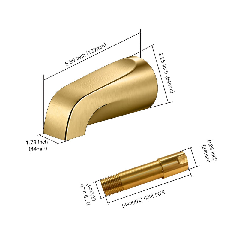 Tub Spout without Diverter, Slip-On Tub Spout, Heavy Duty All Metal Bathtub Faucet with brass,Shower Slip-on Bathtub Faucet for 1/2 Inch Copper Pipe,5-3/8 Inch Bath Tub Faucet Replacement,Brushed Gold Brushed Gold