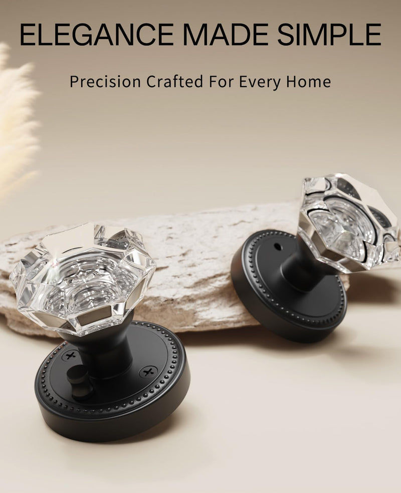 Asidrama 1 Pack Privacy Black Crystal Door Knob with Lock, Matte Black Glass Door Knobs Interior for Bedroom or Bathroom, Heavy Duty for Left Right Sided Doors 1pack