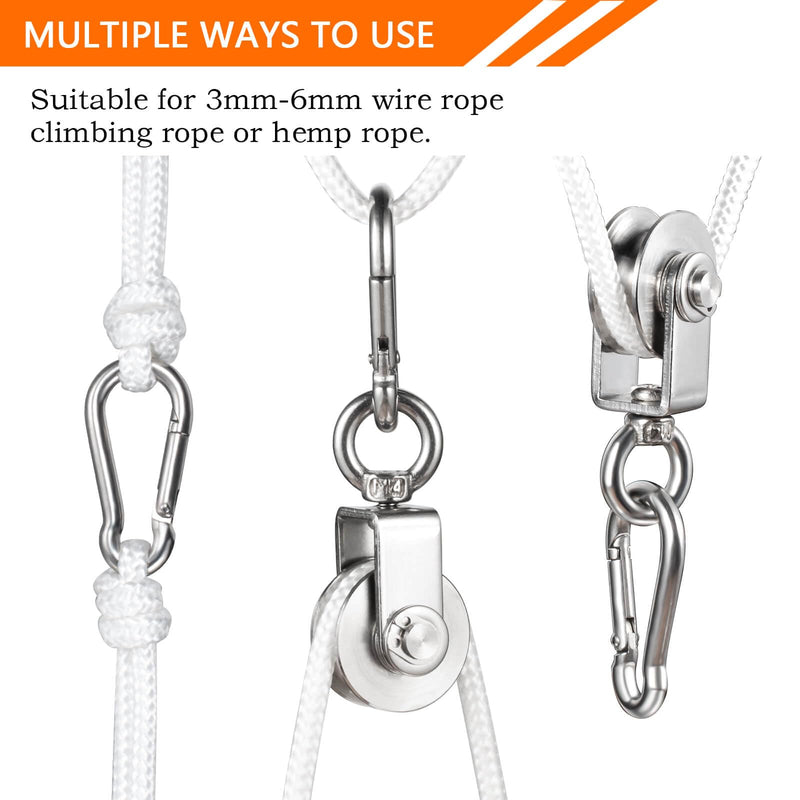Stainless Steel Small Pulley M25, 20m Nylon Rope and 2pcs Clips for Outdoor DIY Pulley System, Bird Feeder, Sun Shade, Tent Poles, Kayak
