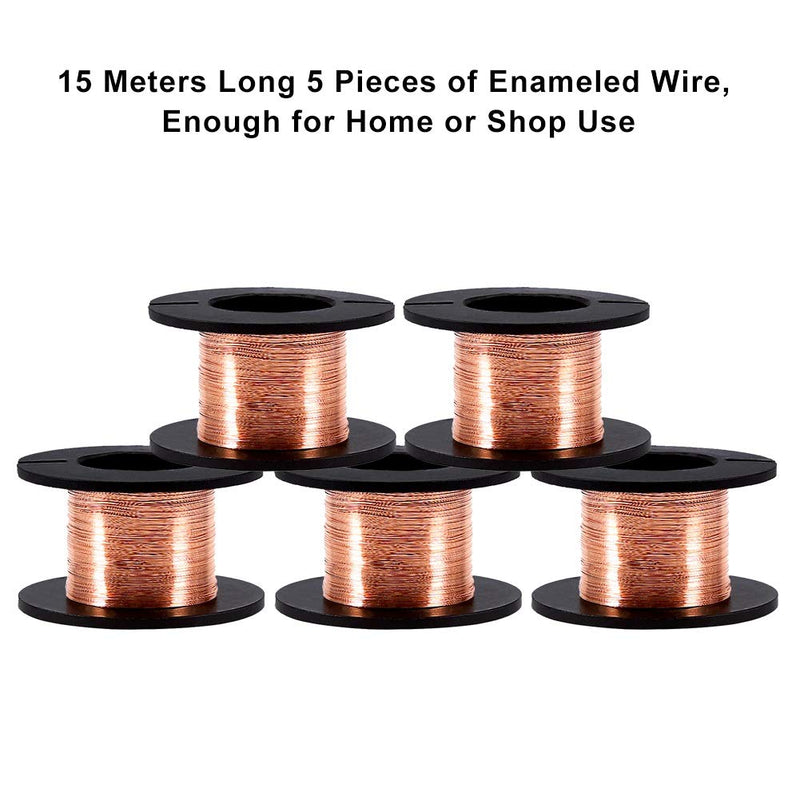 Maxmartt 0.1mm Copper Wire, 5Pcs Enameled Wire Roll, Winding Magnet Copper Solder Wire Length 15m