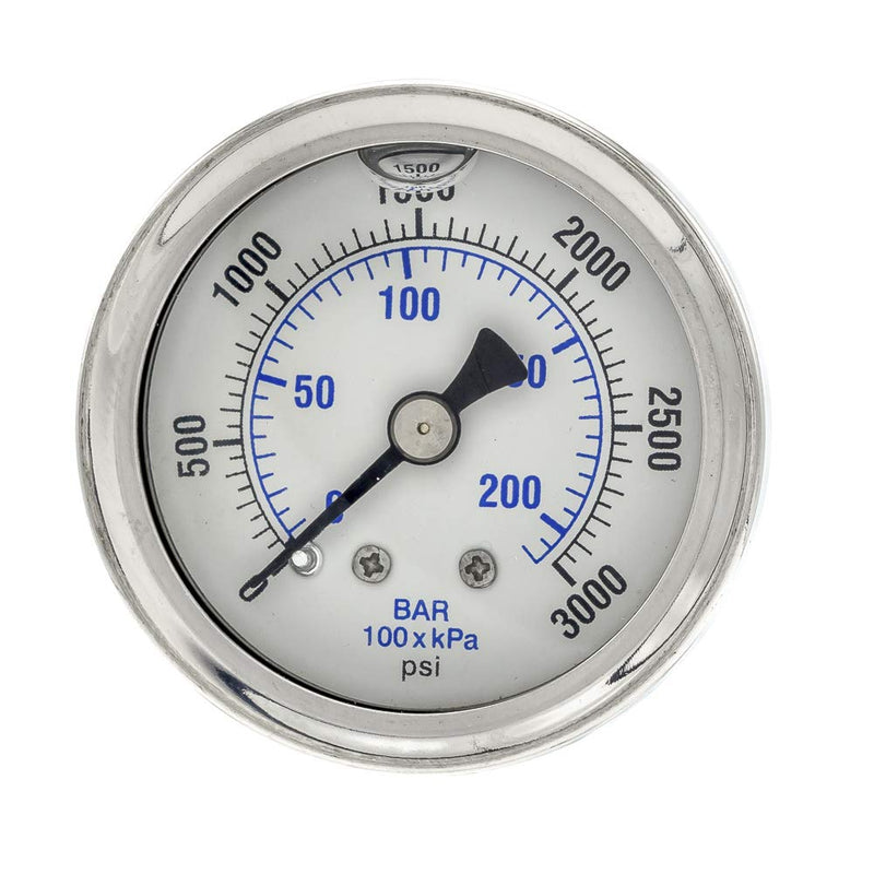 2 Pack of Liquid Filled Center Back Mount Pressure Gauge with 1.5" Dial, 0-3000 PSI, 1/8" Male NPT Connection, Stainless Steel CASE and Bezel (2) 2