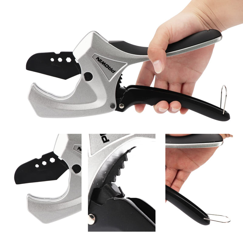 PROWIN Ratcheting PVC Pipe Cutter, 2-1/2" Capacity with SK5 Replacement Blade, Heavy-Duty PEX/PVC/PPR Plastic Pipe Cutting Tool, Efficient Extended Handle and Precise Cutting 2-1/2"