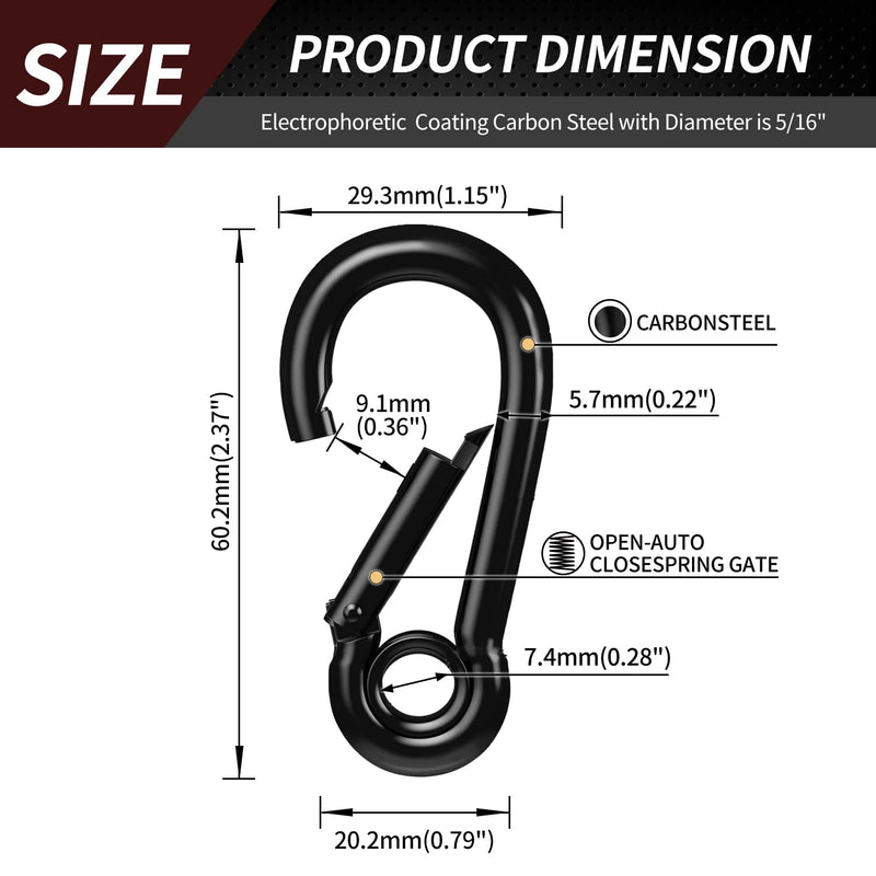 Spring Snap Hooks, Black Carabiner Clip, Heavy Duty Rope Connector, Quick Link Carabiners Spring Snap Hooks for Indoor & Outdoor, Camping, Climbing, Fishing, Hiking 2.36 Inch, 8 Pack