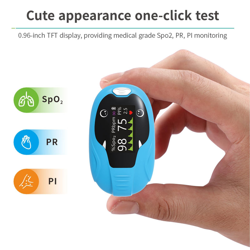ESPOO Pediatric Pulse Oximeter Fingertip, Spo2 Pulse Oximeter for Kids with 20xMemory, Alarm & Brightness Adjustable(not for newborn/infant) Blue