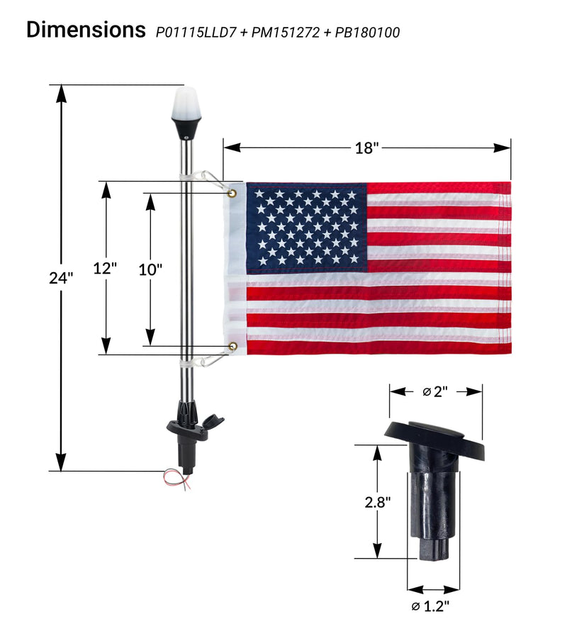 Pactrade Marine Navigation Lights for Boats LED - 24-Inch White LED Stern Light/LED Anchor Light with Removable Angled Base and American Flag 12x18 Inches (193 LM, 2 NM) | Boat Navigation Lights Model C (193 LM)