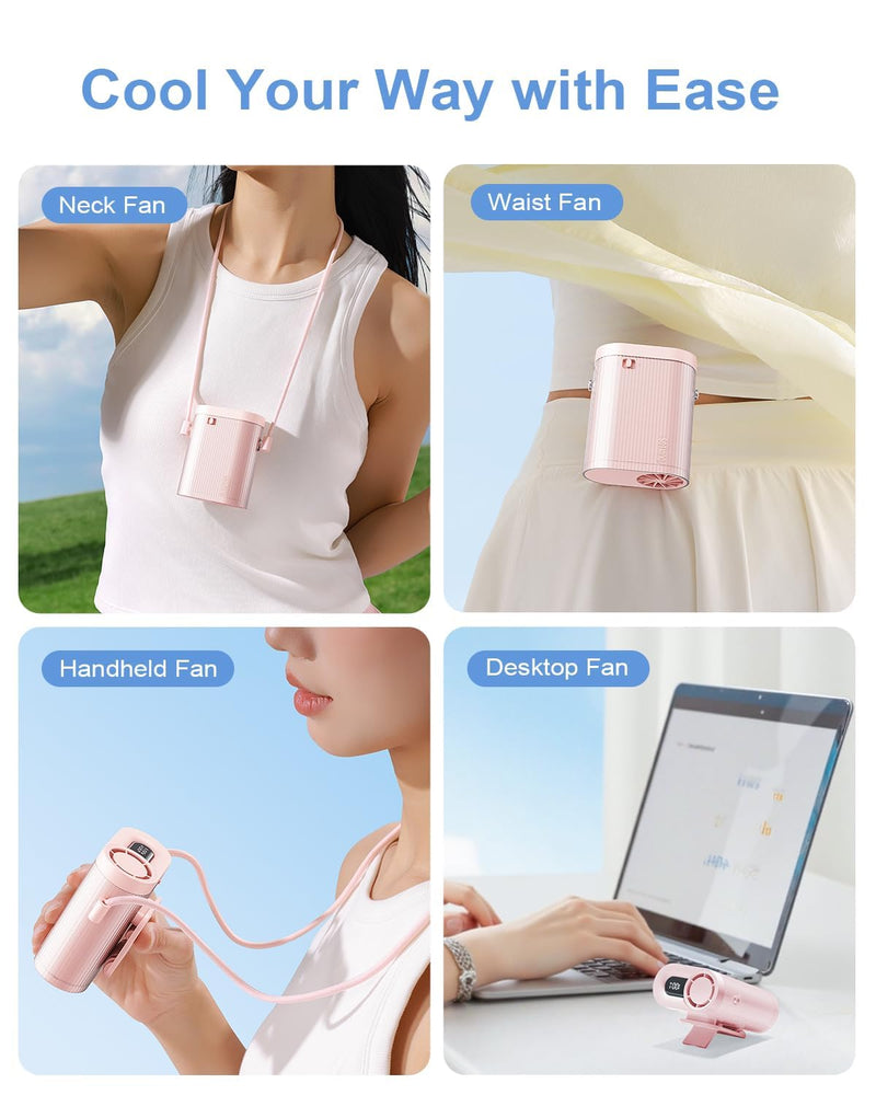 SOTHING 4-in-1 Portable Neck Fan, Hands-Free Wearable Fan with 100-Speed 16000RPM Strong Airflow, Rechargeable Mini Body Fan, Personal Handheld Fan for Travel, Camping, Office, Outdoor (Pink)
