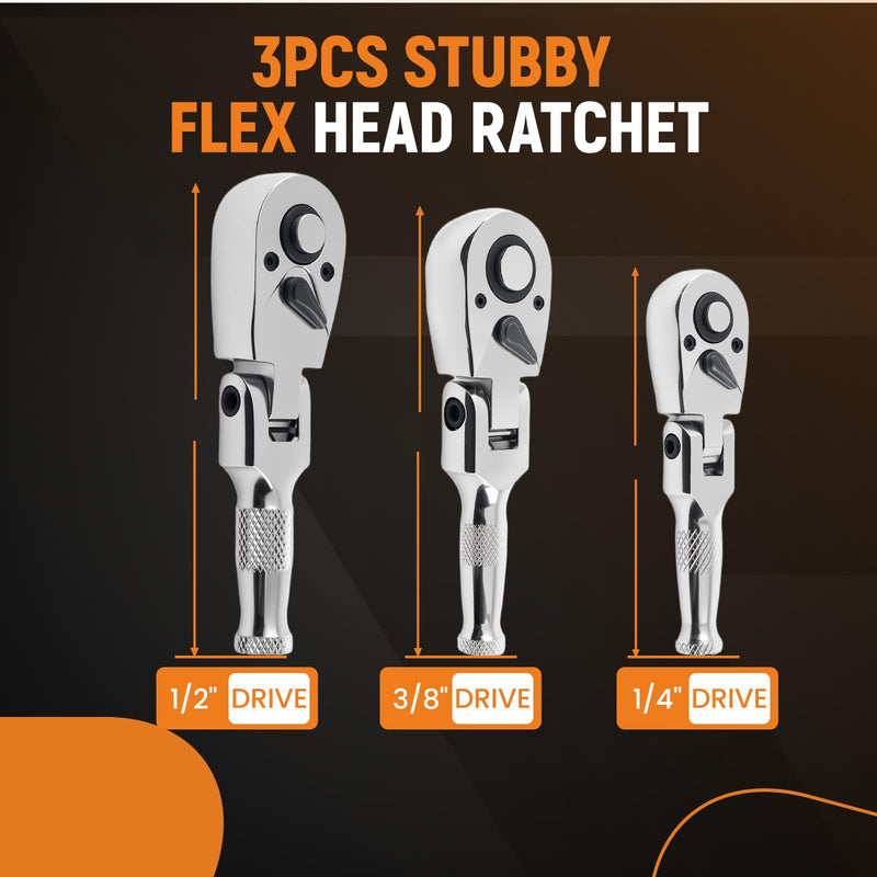 maXpeedingrods 3PCS Stubby Ratchet Set, Flex-Head Stubby Ratchet Wrench Set, 1/4", 3/8", 1/2" Drive Flexible Small Ratchet, 72-Tooth Reversible 1/4 Ratchet for Car & Home Repair, DIY, Mechanic Tool