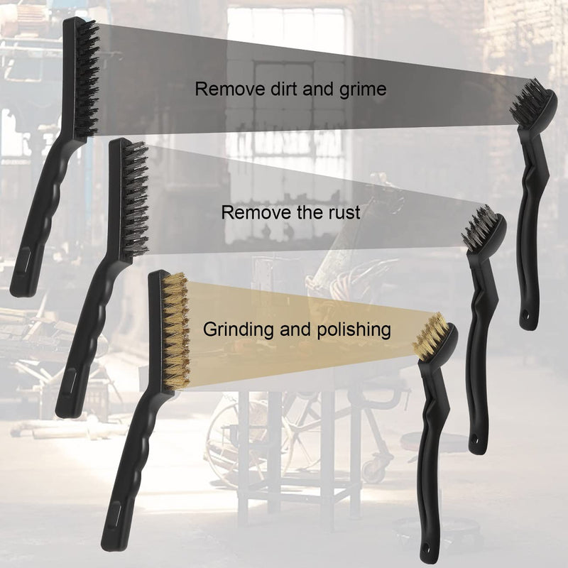 Wire Brushes Pack of 6. for Cleaning Welding Slag, Rust and Dust. 9" and 6-3/4" Brass, Nylon, Stainless Steel Brushes with Rigid Handle WB-6-1