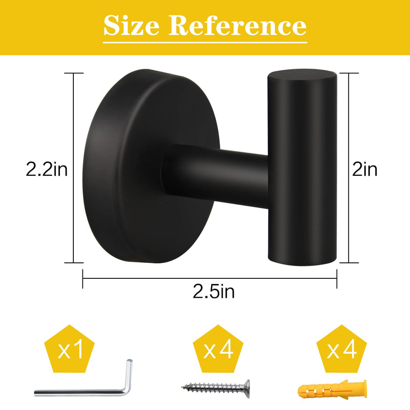 2/4/8 Pack Towel Hooks, Robe Hook, Bathroom Coat Hook Wall Mounted, SUS304 Stainless Steel Bathroom Hooks, Towel Hook for Bedroom Kitchen Hotel Office(2 Pack Matte Black) 2 Pack Matte Black