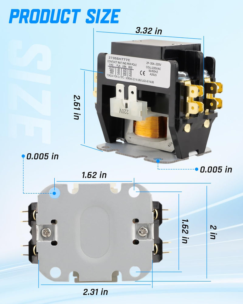 C25BNB230B Compact Definite Purpose Contactor, 2 Pole 30A 240VAC 50/60Hz, Air Conditioner Contactor C25BNB230B