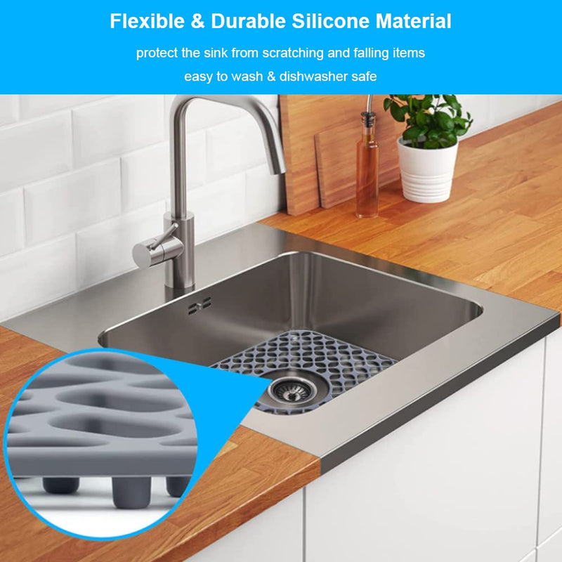 Sink Protectors for Kitchen Sink, SCITURE Sink Mats for Kitchen Stainless/Ceramic Sinks, Folding Non-slip Kitchen Sink Mat, Heat Resistant Silicone Sink Mat (1 Pcs, Grey, 13.58 ''x 11.6 '') Center Drain Sink