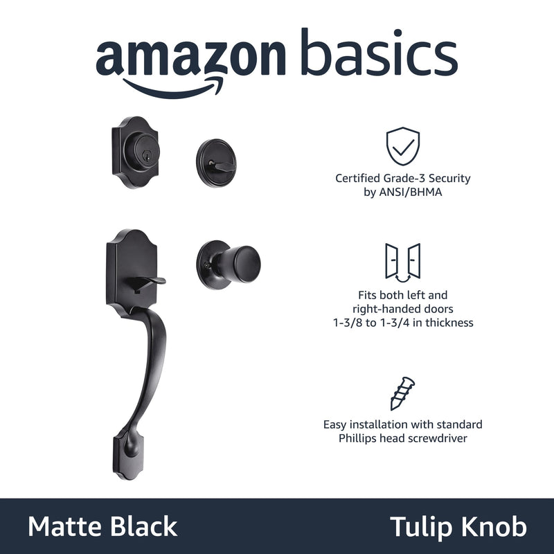 Amazon Basics Front Door Lock Set, Handleset with Tulip Knob, Level Door Handle, Exterior, Single Cylinder,Matte Black, 1-Pack Matte Black 1 Pack