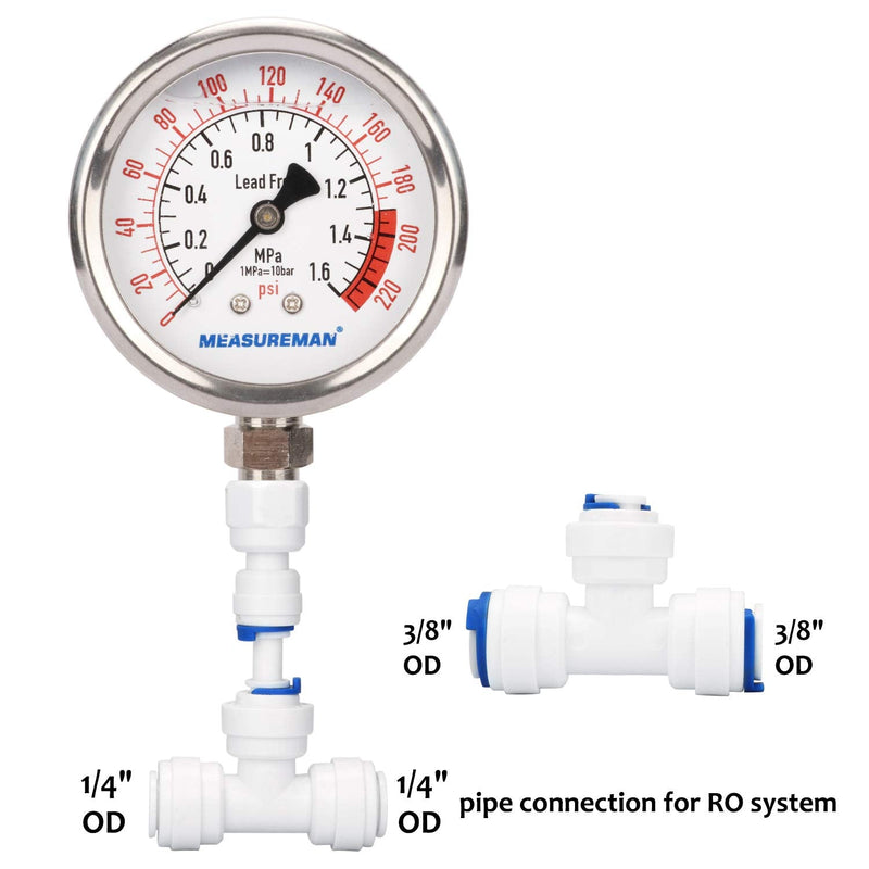 MEASUREMAN Lead-Free Glycerin Filled Reverse Osmosis Pressure Gauge, Purified Water Pressure Gauge, 2-1/2" Dial Size 1/4" Lower Mount, 0-220Psi/Mpa, with PU Tube Connection 0-220 psi with PU Tube Connection
