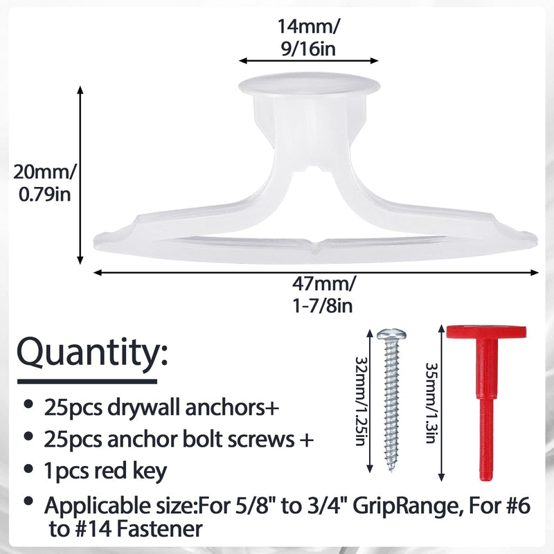 25 Sets Drywall Anchor Kit, Hollow Wall Anchors with Screws and Key, Plastic Hollow Wall Self Drilling Anchors, Expansion Screw Anchors for Drywall Ceiling Gypsum Plasterboard
