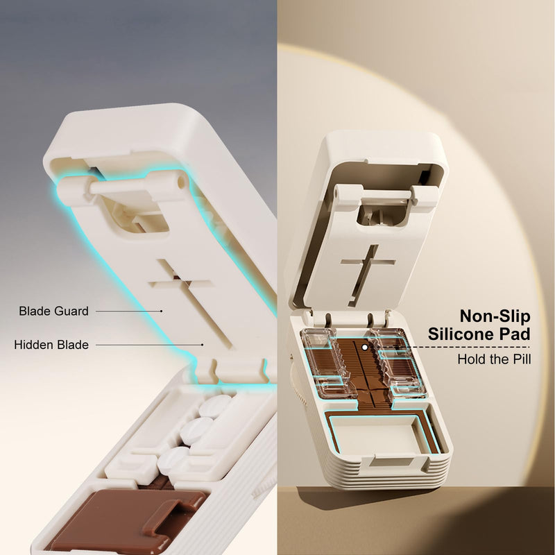Pill Splitter for Large, Small, and Tiny Pills, 1/2 and 1/4 Portable and Adjustable Tablet Cutter with Hidden Blade,Cut Multiple Tablets with Storage Space (Brown) Brown