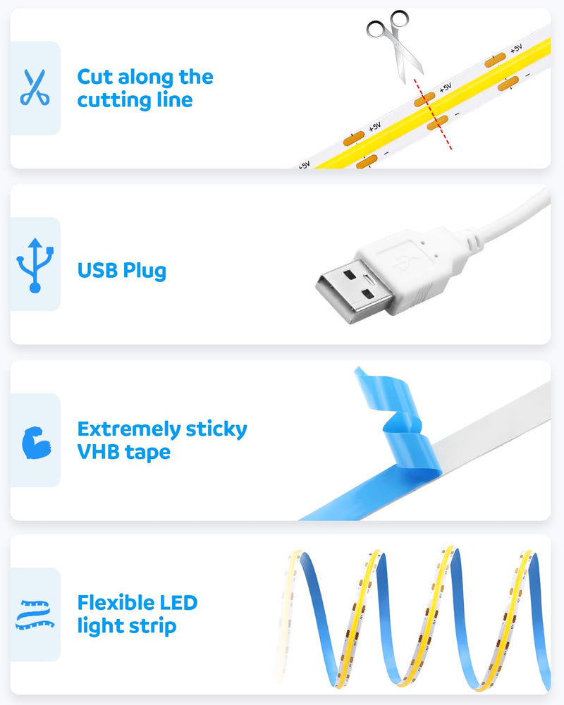 Aclorol USB Led Light Strip COB Led Strip Lights 5V Daylight Cold White 6000K 3.28FT 320Leds Flexible TV Led Lights USB Powered 1M for Under Cabinet Kitchen Living Room Shelving or Displays 1M/3.28FT