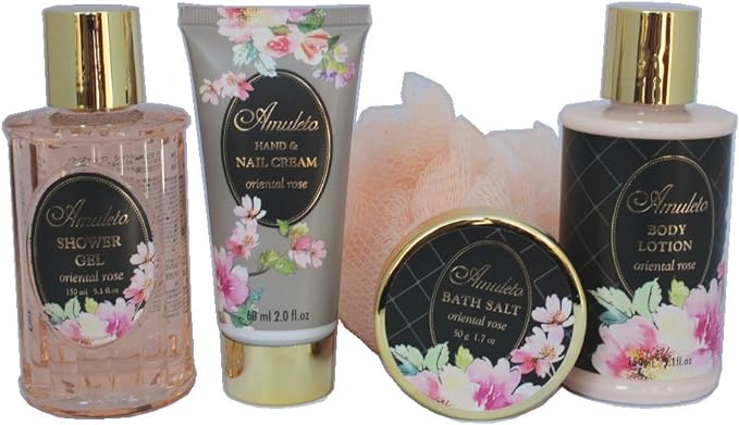 Japan Grand Champagne Amuleto Body Care Set, 5 Pieces, Original 5.1 fl oz (150 ml) + 5.1 fl oz (150 ml) + 1.8 oz (50 g) + 2.0 fl oz (60 ml) + Body Sponge - NewNest Australia