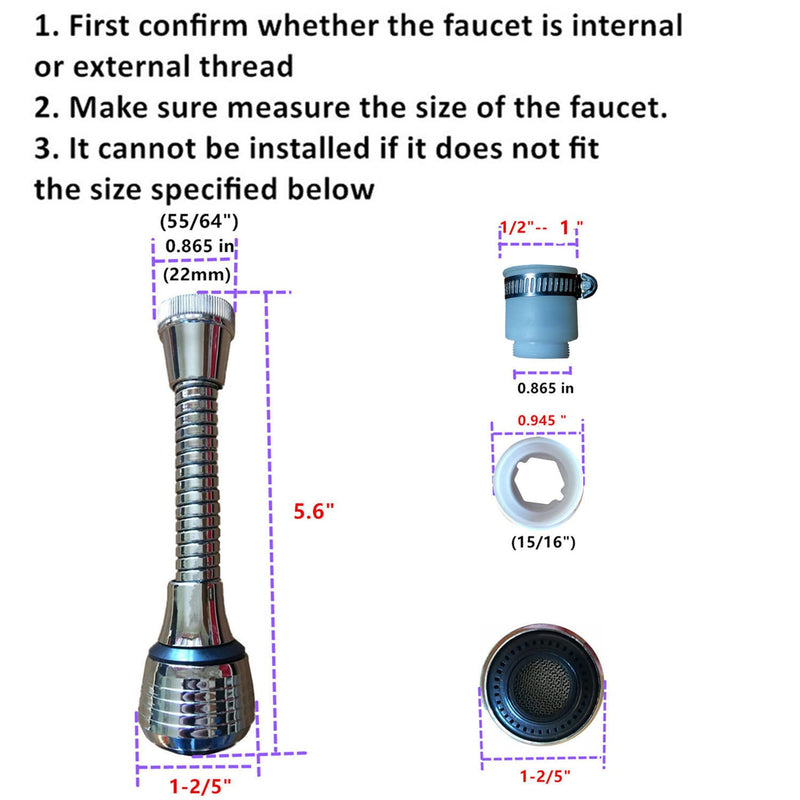 Flexible Faucet Sprayer Attachment 360 ° Kitchen Sink Aerator Extender ABS Polished Chrome for Cold Hot Water (Silver） 5.5in