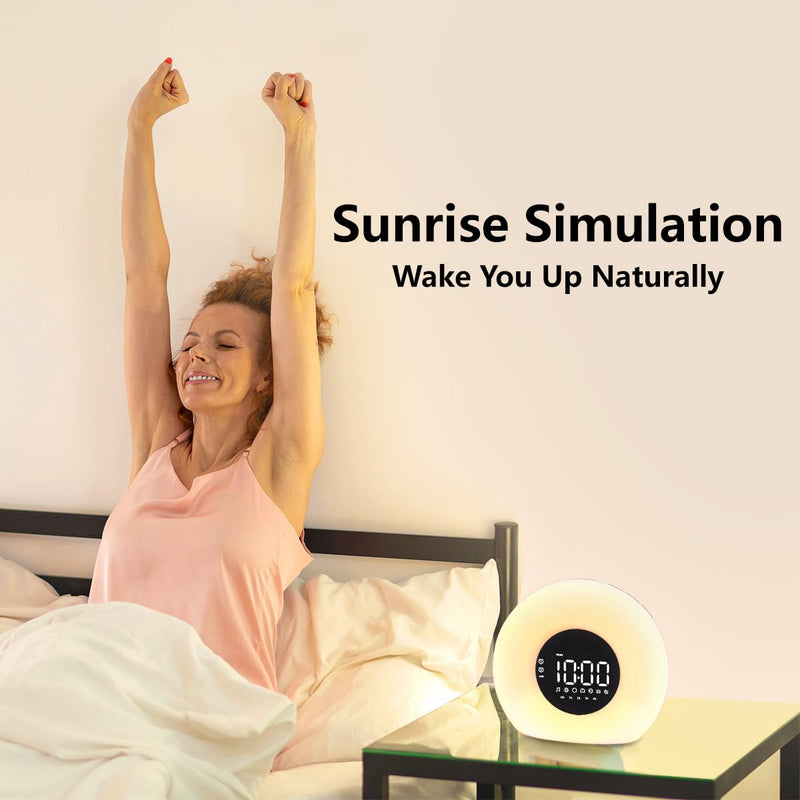Wake Up Light Sunrise Alarm Clock for Bedroom Sunrise Sunset Simulation 23 Natural Sounds 13 Colors Night Light Dual Alarms and Snooze Sleep Aid for Heavy Sleepers Kids Adults (Wood Grain) Wood Grain