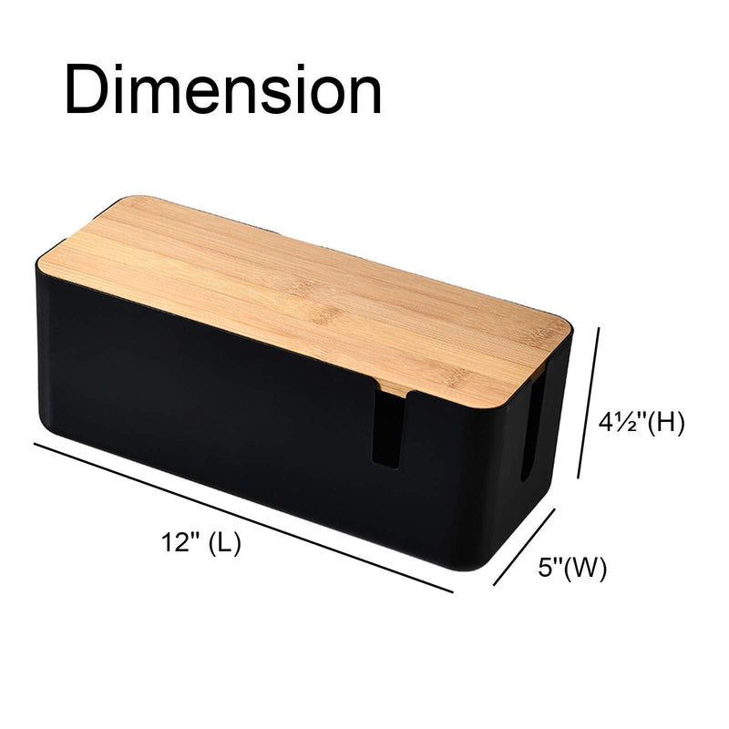 Changsuo Cable Management Box with Bamboo Lid Small Cable Organizer Box for Extension Cord Power Stripe Surge Protector Wire Management Concealer Organizer Cover Hider (Black) Black