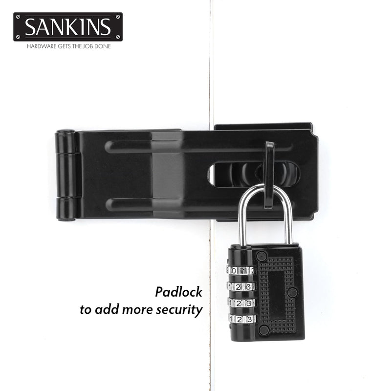 4-1/2" Swivel Staple Safety Hasps, Gate Door Hasp Latches Safety Packlock Clasp Locking with Twist Knob for Fence, Gate, Cabinet, Black, 2 Pack