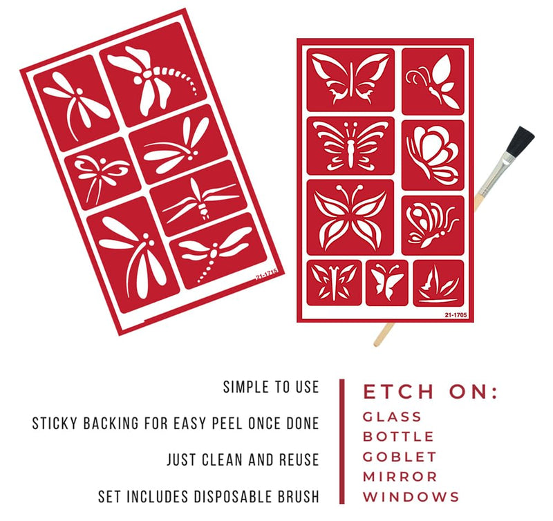 2 Reusable Glass Etching Stencils Set - Dragonfly, Butterfly Theme Stencil - Etch Stencil Set Includes Brush, Total 3 Items