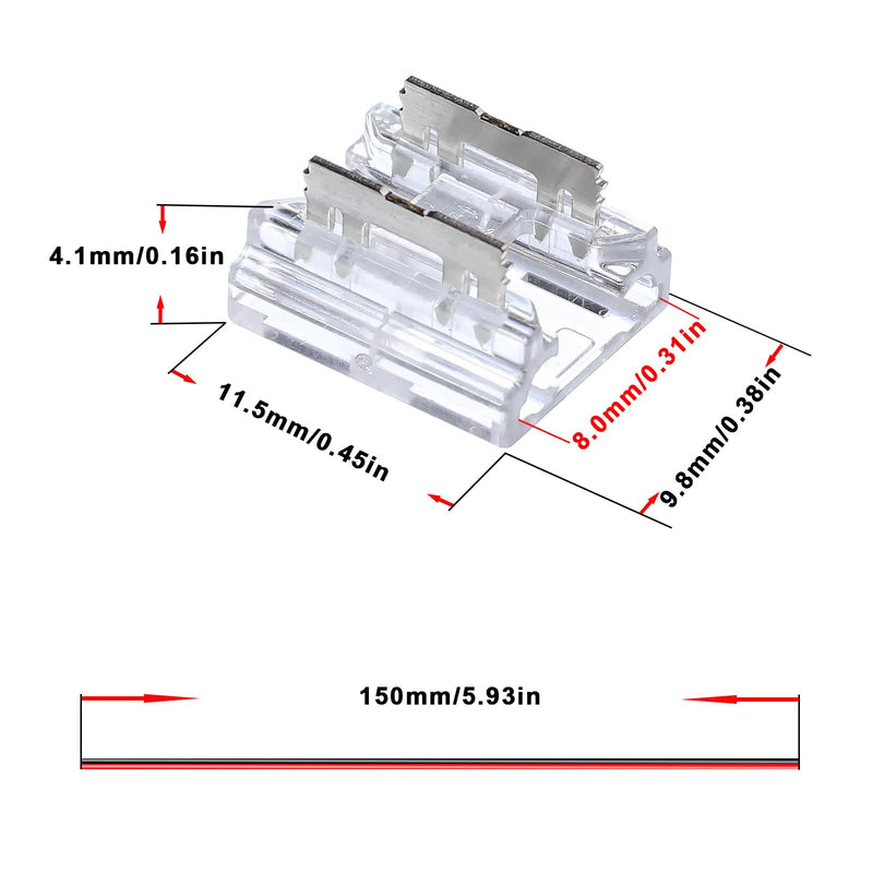 COB LED Connector 2 Pin 8mm Kit, 20pcs Solderless I Shape Connectors, 10pcs 15cm Long 20AWG Extension Wires for Single Color COB SMD LED Strip Connection 2PIN 8MM Straight Through