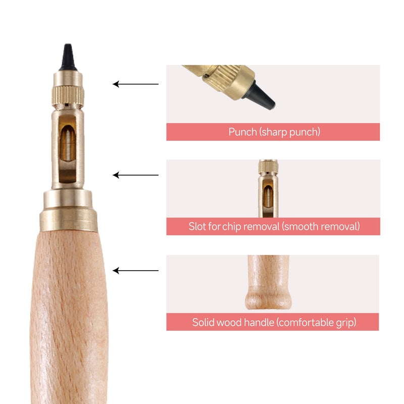 KEARING Wooden Screw Punch - 6 Sizes Adjustable Leather & Paper Hole Punch | Automatic press-down hole punch for bookbinding and leathercraft. Includes 6 interchangeable bits from 1.5mm to 4.0mm.